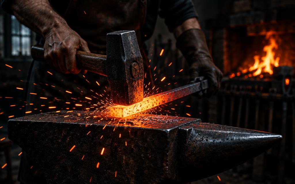 Hammer striking glowing hot steel on an anvil, sparks flying