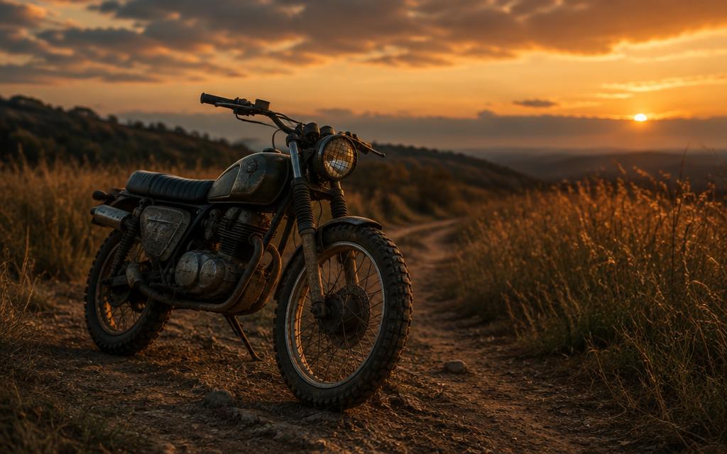 Rugged motorcycle on a dusty trail at dusk