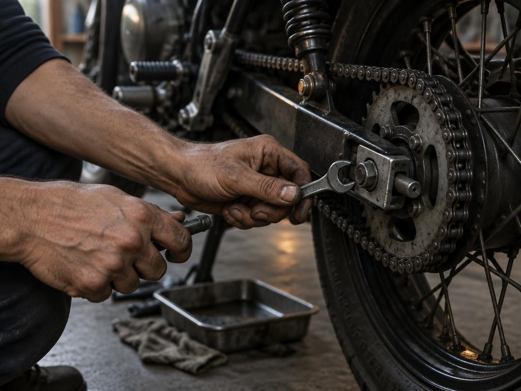 Hands adjusting the chain and rear axle of a motorcycle