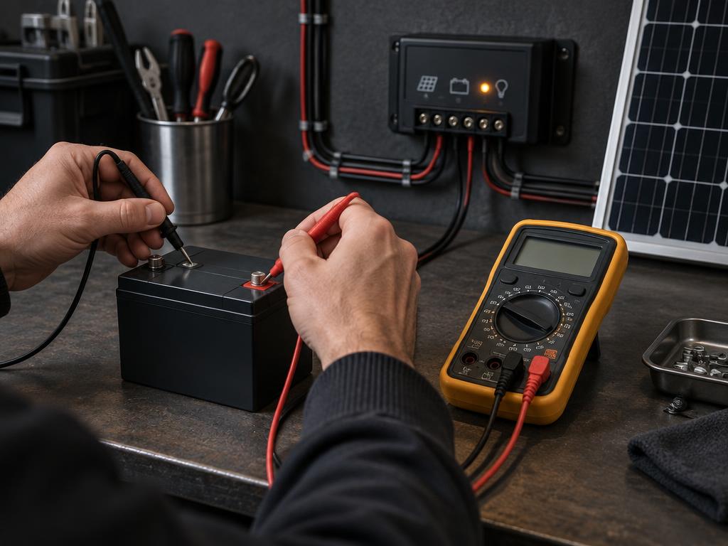 Hands testing a compact battery and solar charge controller with a multimeter