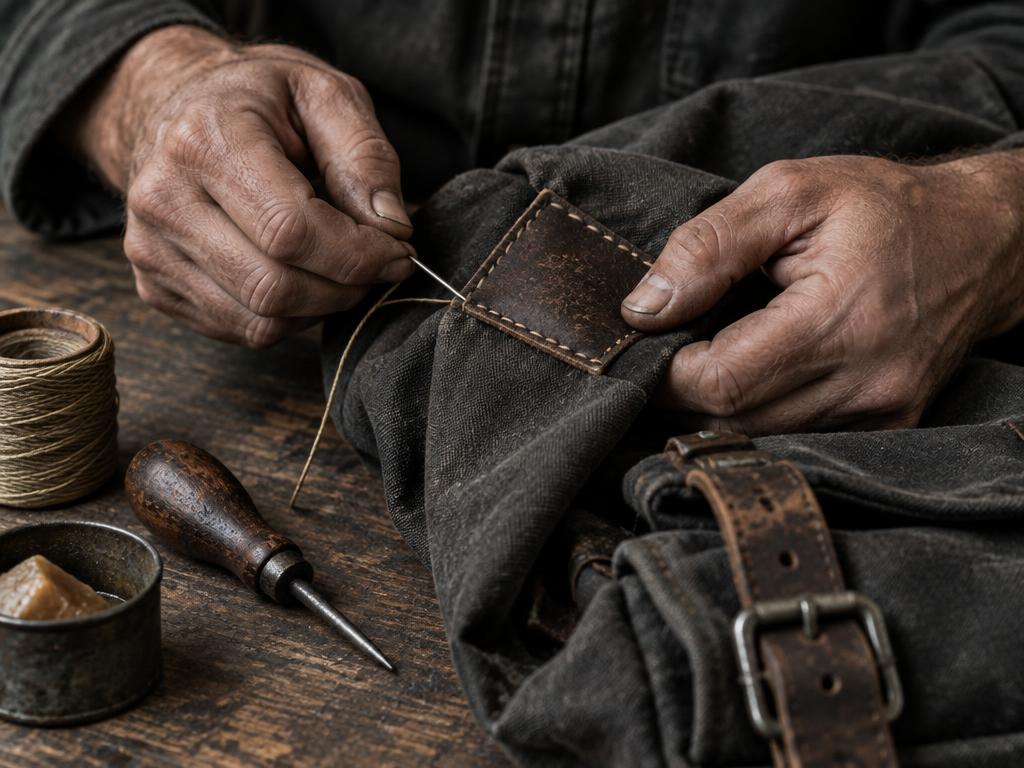 Hands stitching a leather patch onto worn dark canvas